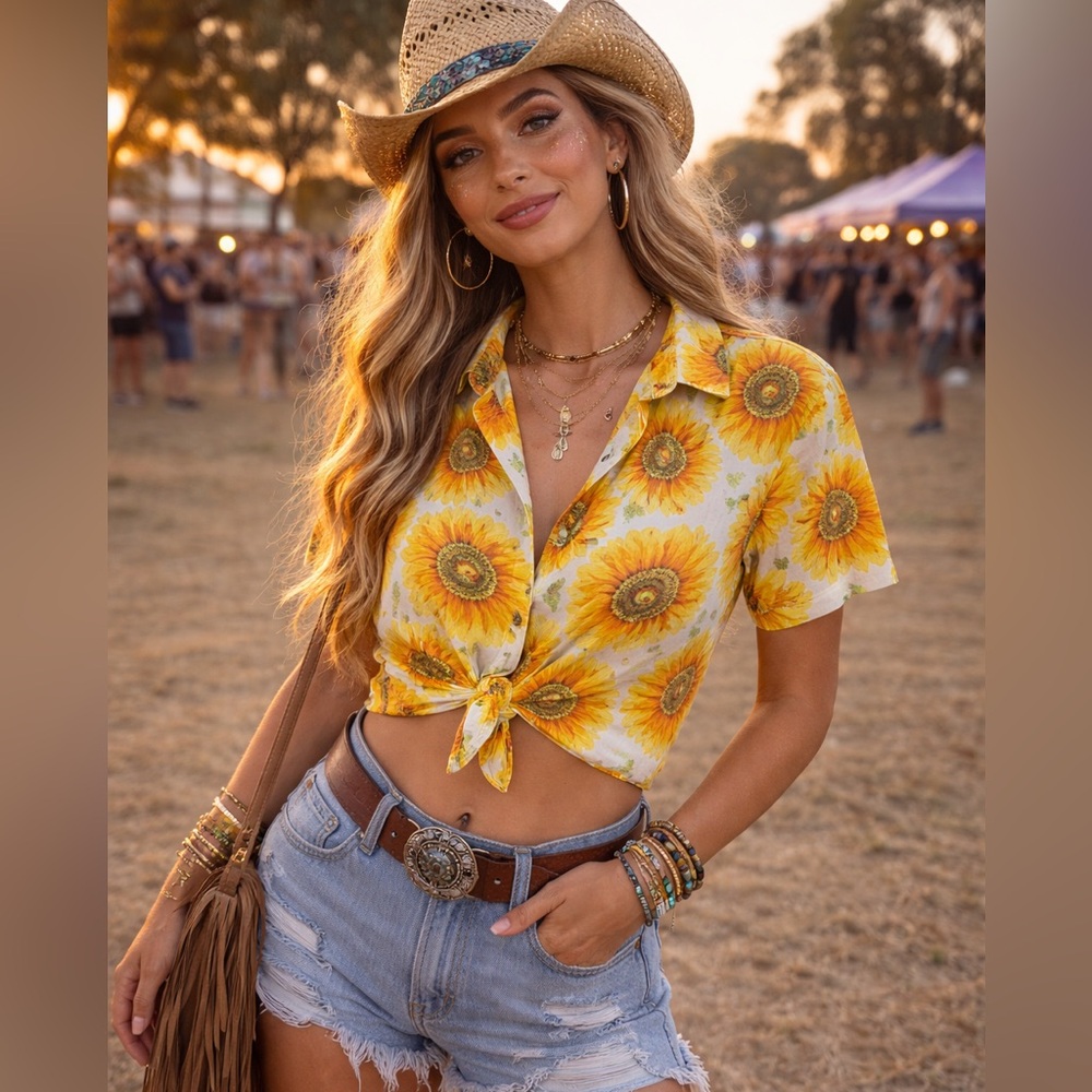 VTG Esprit Yellow Sunflower Tie-Front Button Shirt festival boho